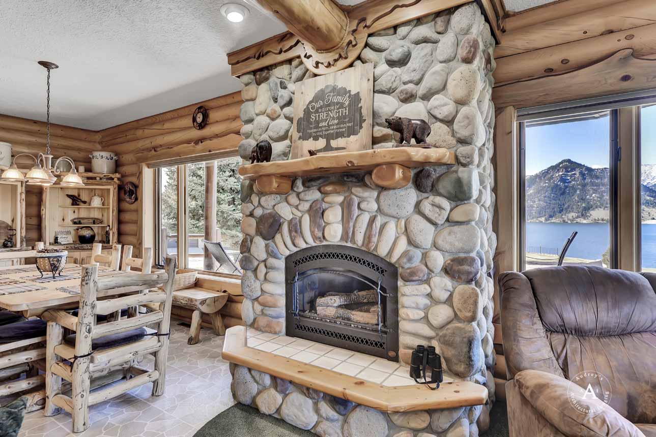 Log Cabin Living Room Fireplace Montana Holter Lake Cabin