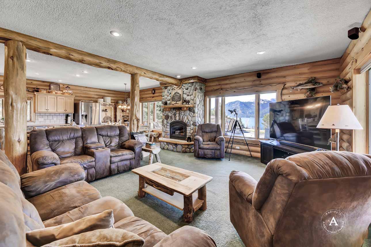 Log Cabin Living Room Views Montana Holter Lake Cabin