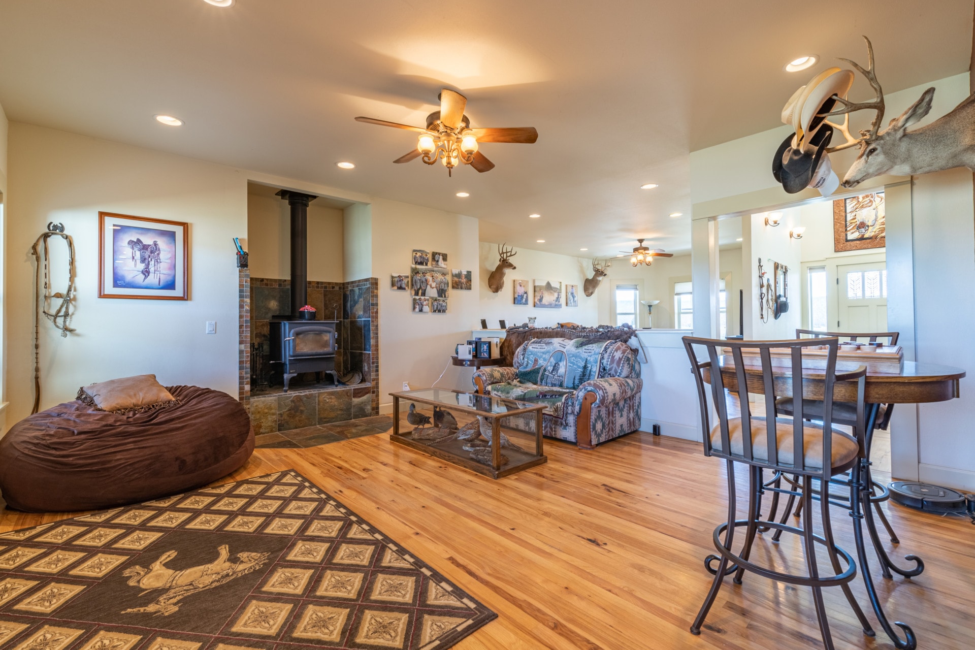 living room with woodstove oregon johnson creek hobby ranch