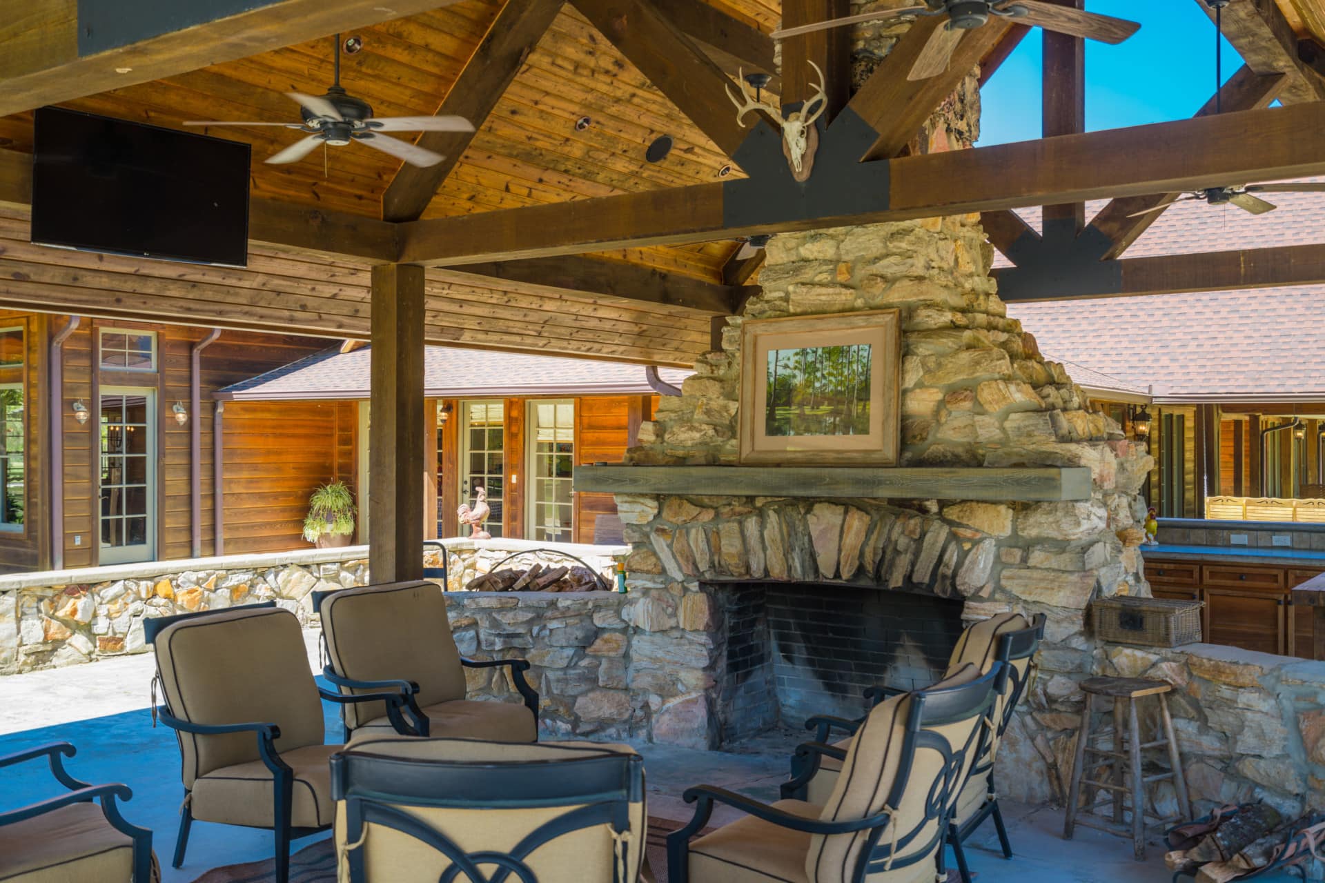 outdoor stone fireplace texas bear man bluff ranch