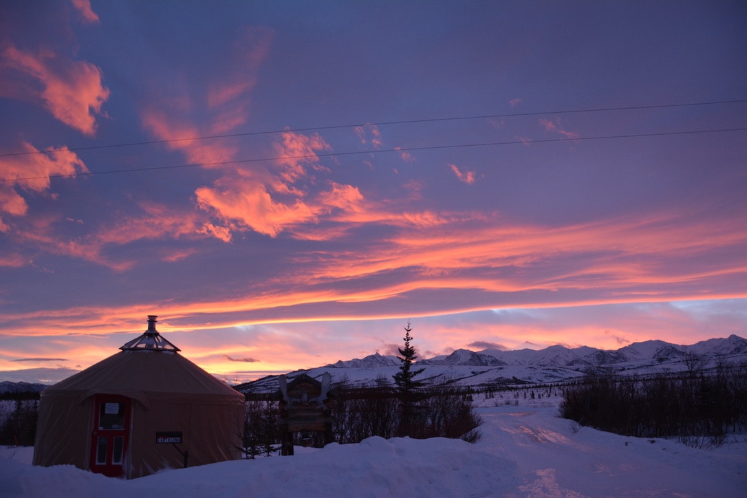 dawn at lodge office yurt alaska earthsong lodge