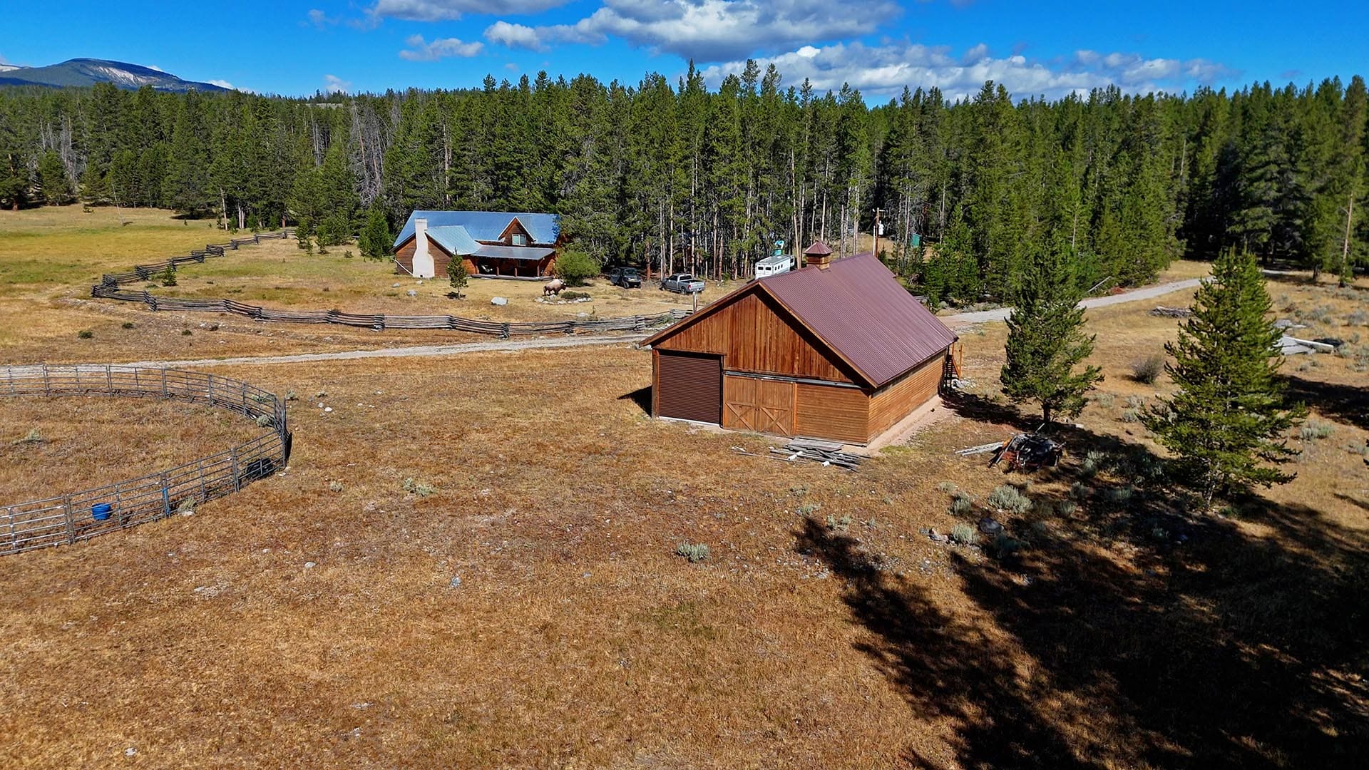 aerial view wooden barn montana big hole river ranch