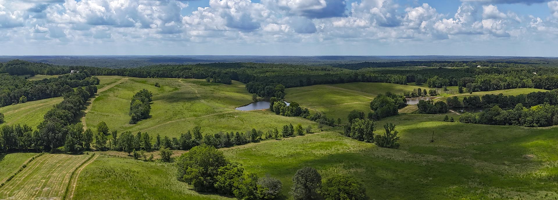 Aerial view of rolling green pastures, scattered trees, and small ponds under a partly cloudy sky.