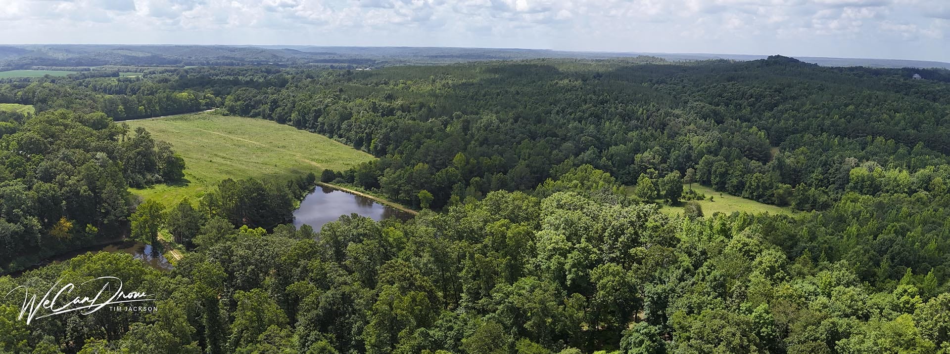 Aerial panorama of dense green forest with a small pond and open grassy fields under a partly cloudy sky.