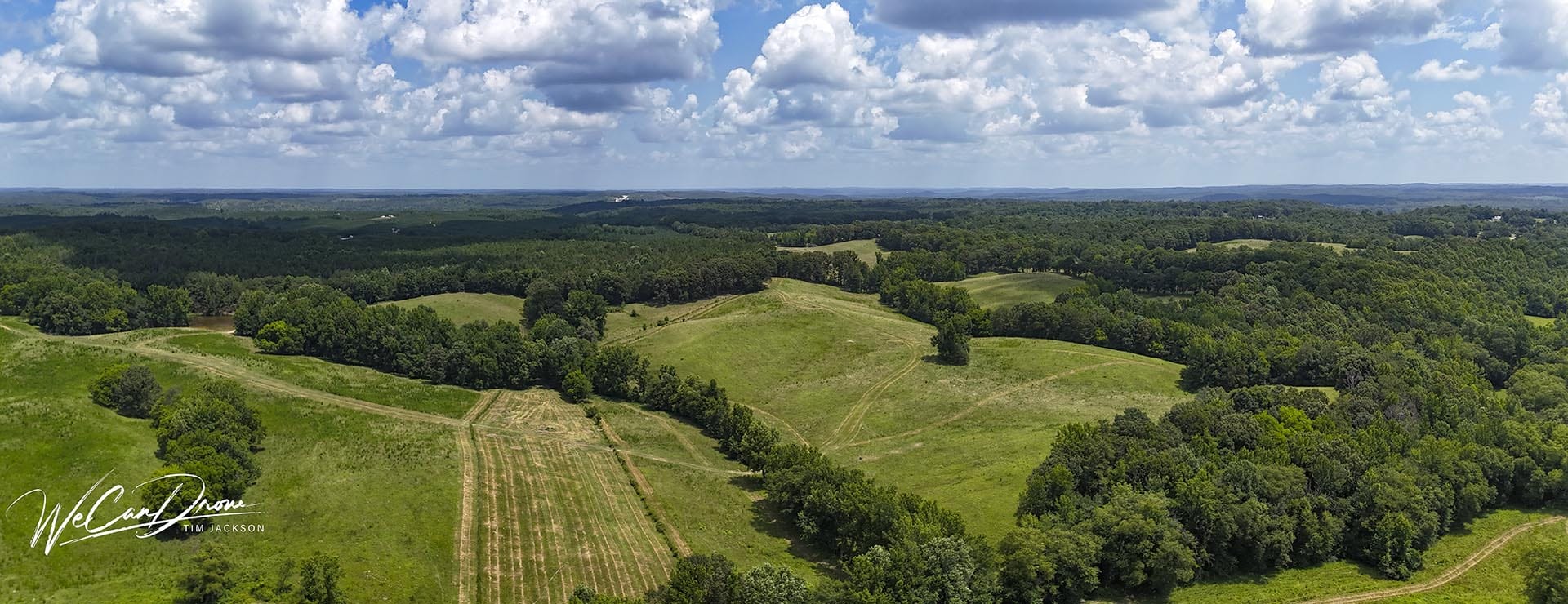 Aerial view of rolling green fields and dense forests under a blue sky with scattered clouds, panoramic landscape.