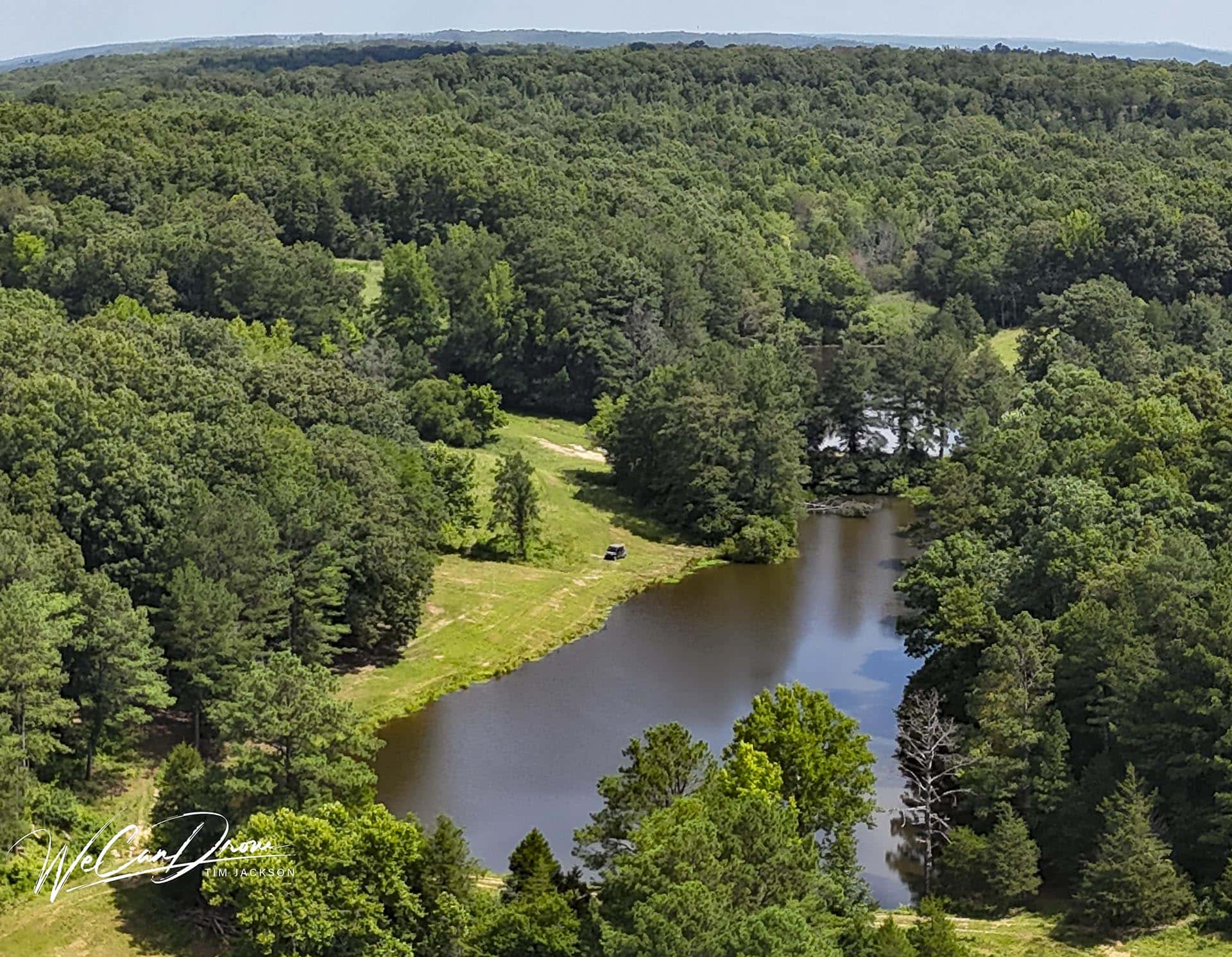 Aerial view of a dense green forest with a winding river and small grassy clearings nearby, taken from above with a watermark in the corner.