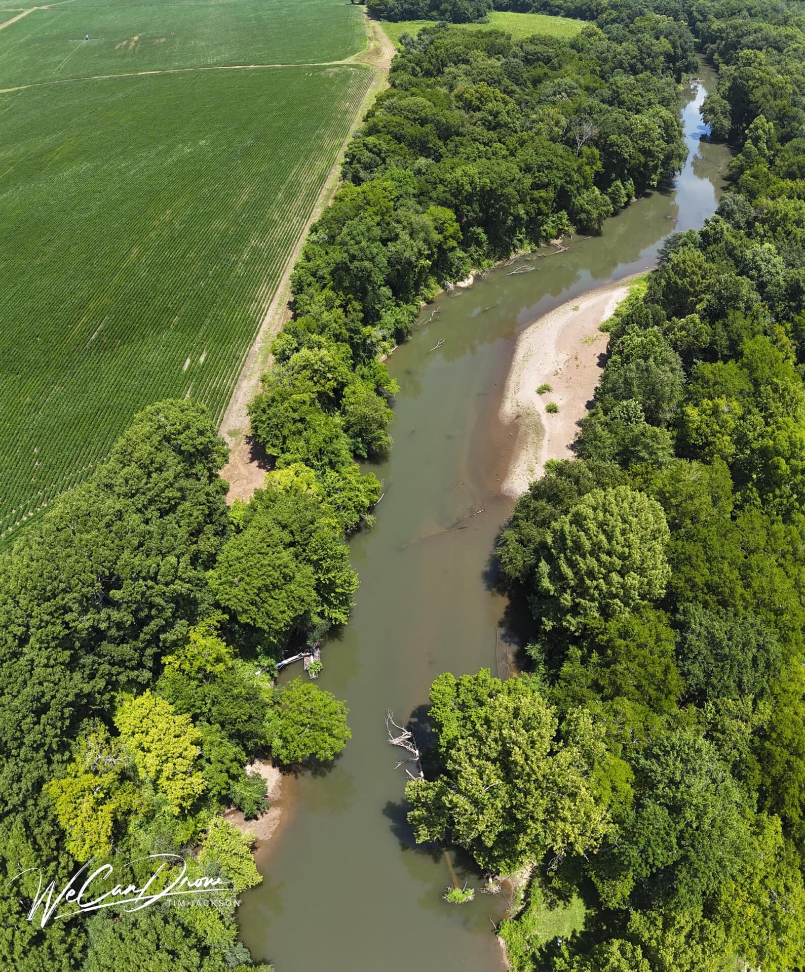 Aerial view of a muddy river winding through dense green forest with a large crop field on the left side.