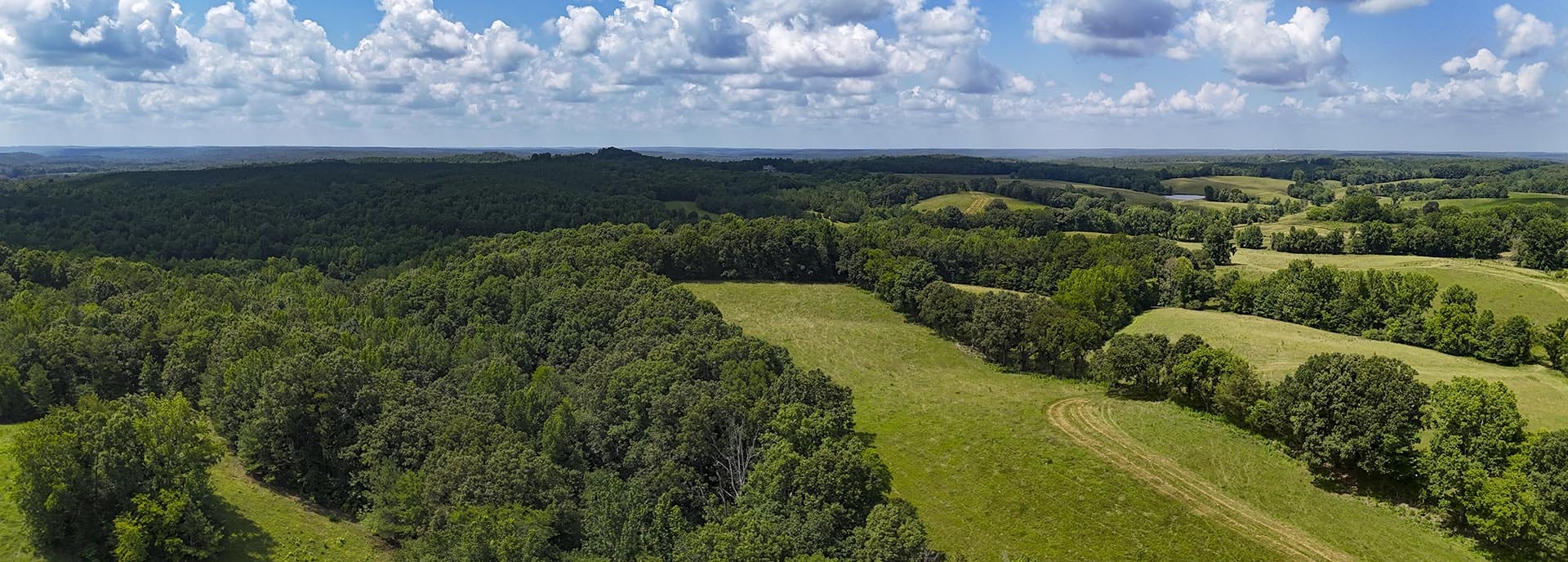 Aerial view of rolling countryside with green fields and dense forests under a blue sky with scattered clouds.