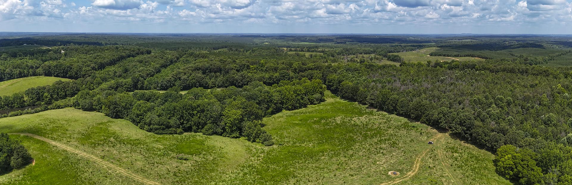 Aerial panorama of green fields and dense forests stretching to the horizon under a blue, cloud-filled sky.