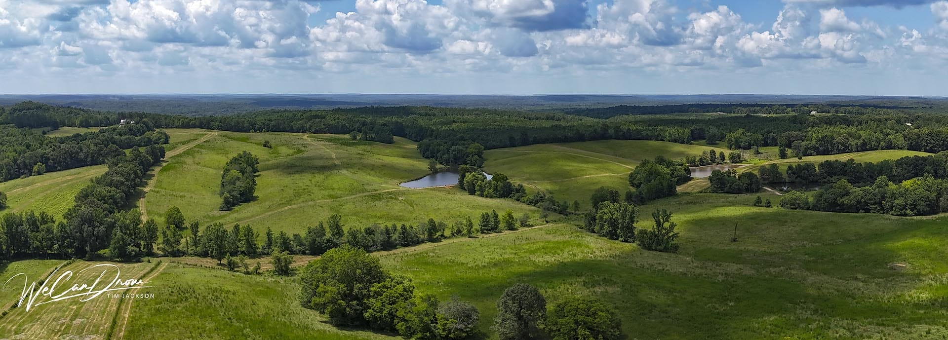 Panoramic view of rolling green pastures, scattered trees, and small ponds under a cloudy blue sky.