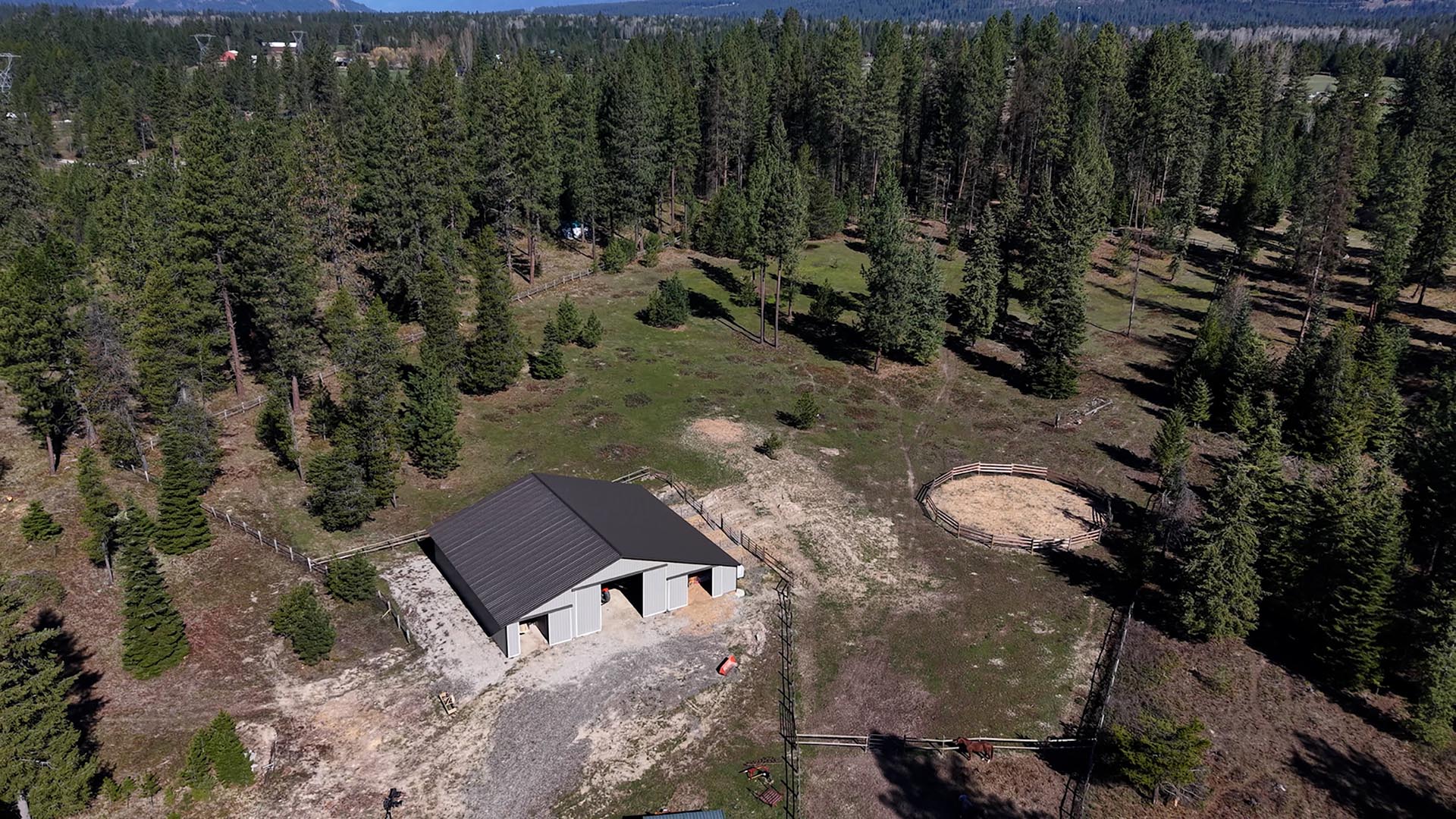 Aerial Barn Round Pen Pasture Fencing Montana Cabinet Mountain Wilderness Retreat