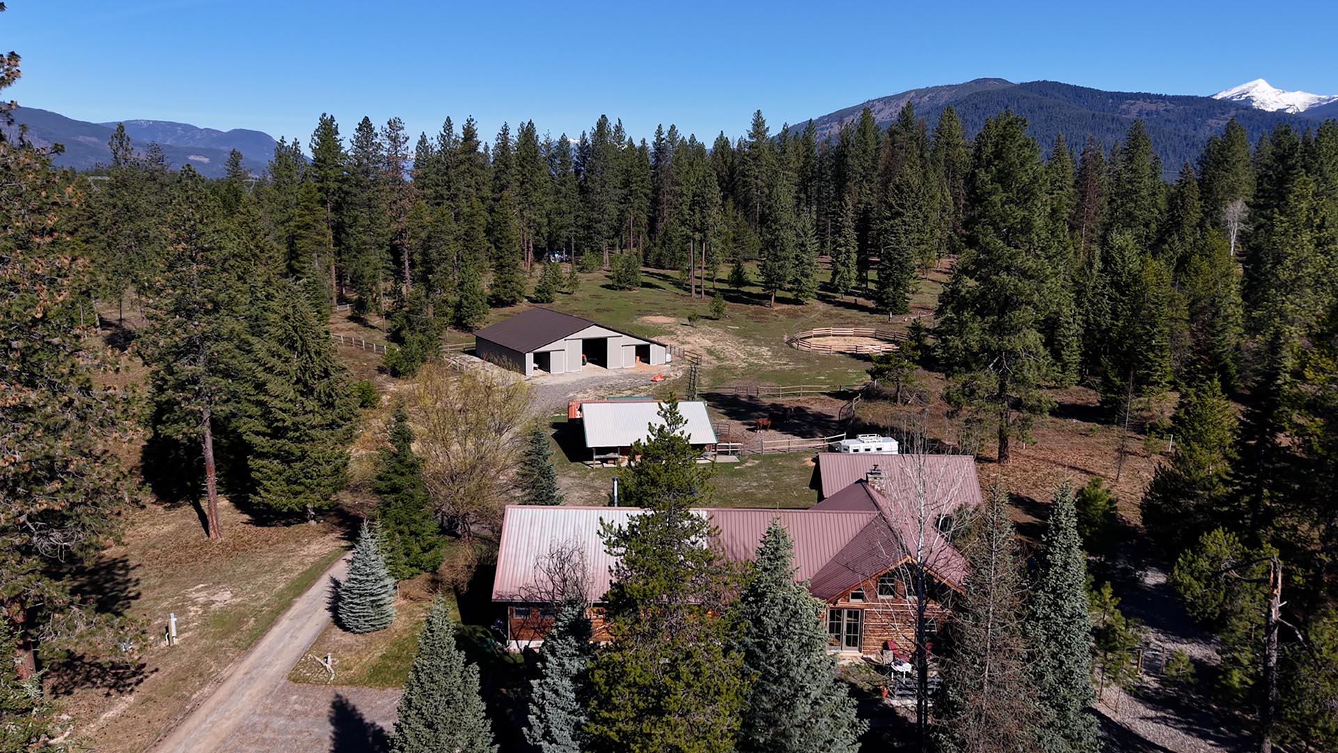 Aerial Log Home Shop Round Pen Montana Cabinet Mountain Wilderness Retreat