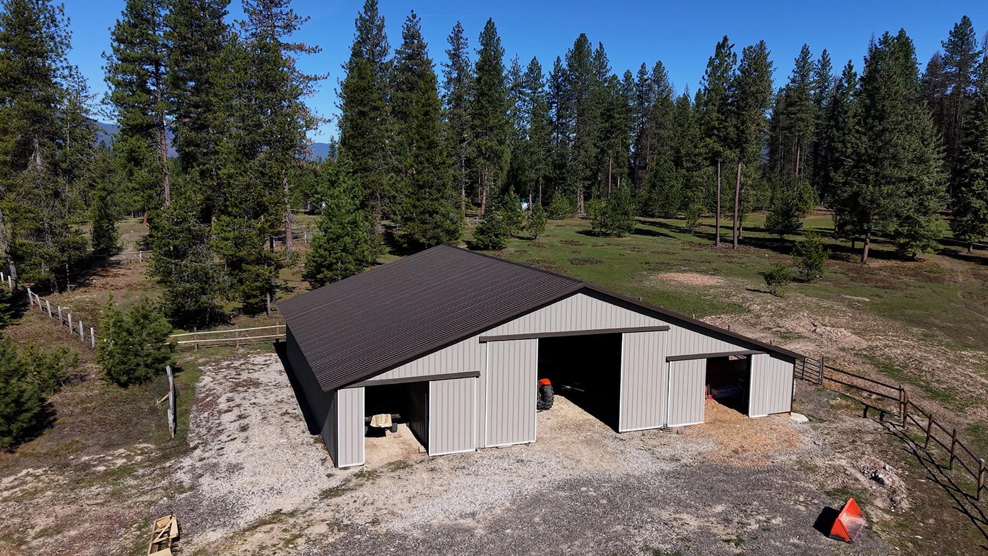 Aerial Steel Shop Open Bays Montana Cabinet Mountain Wilderness Retreat