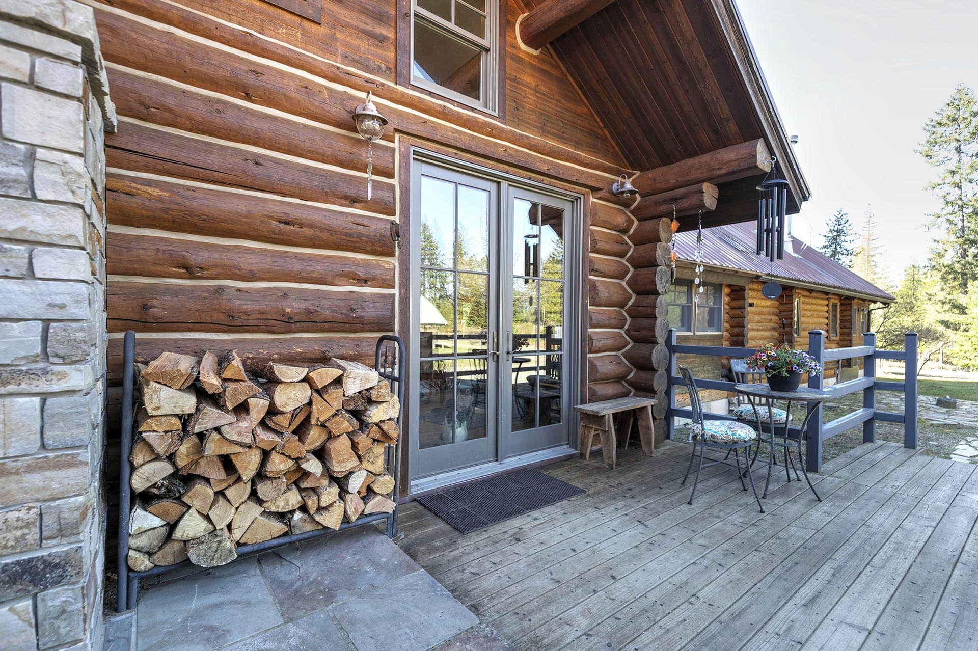 Log Cabin Deck Firewood French Door Montana Cabinet Mountain Wilderness Retreat