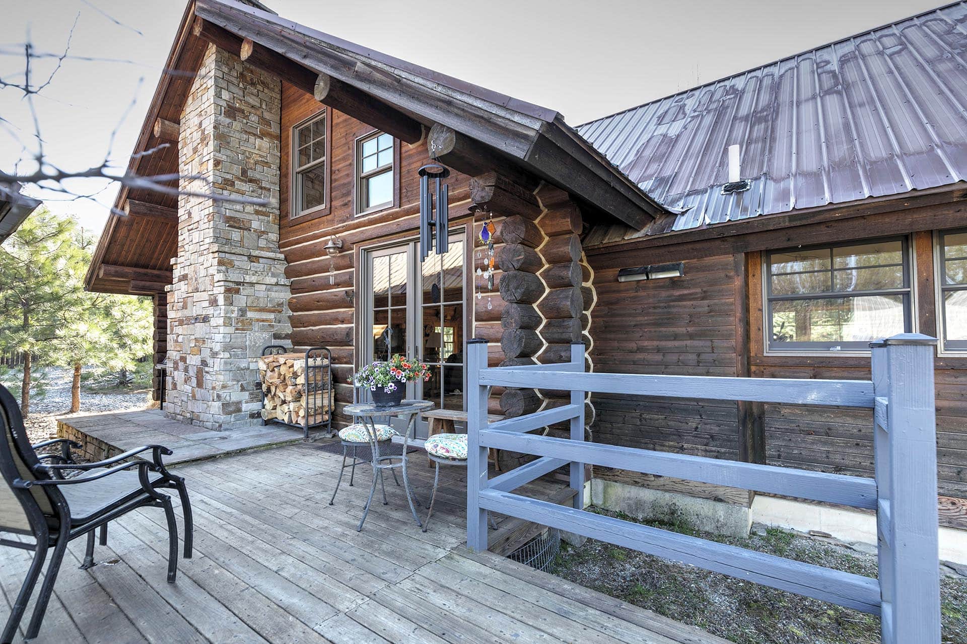 Log Cabin Stone Chimney Covered Deck Montana Cabinet Mountain Wilderness Retreat