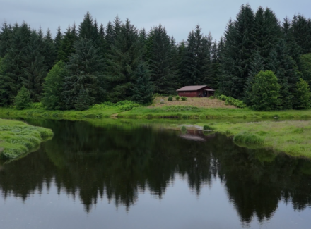 A red cabin sits among evergreen trees beside a winding river, with lush green fields in the foreground.