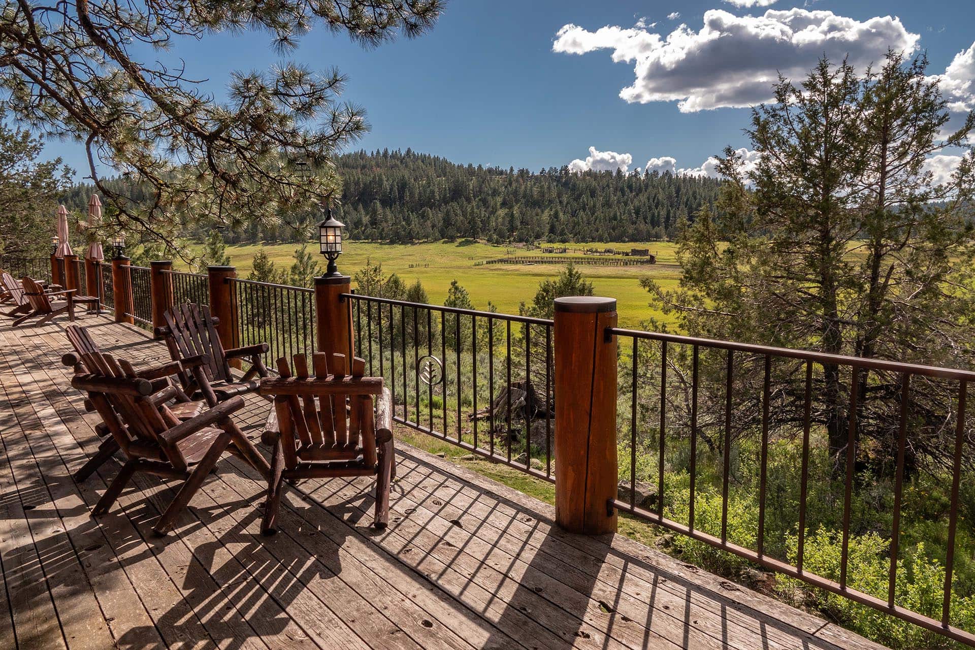 Wooden deck with empty Adirondack chairs overlooking a grassy valley and pine forest under a blue sky with clouds, from a sunny vantage point.