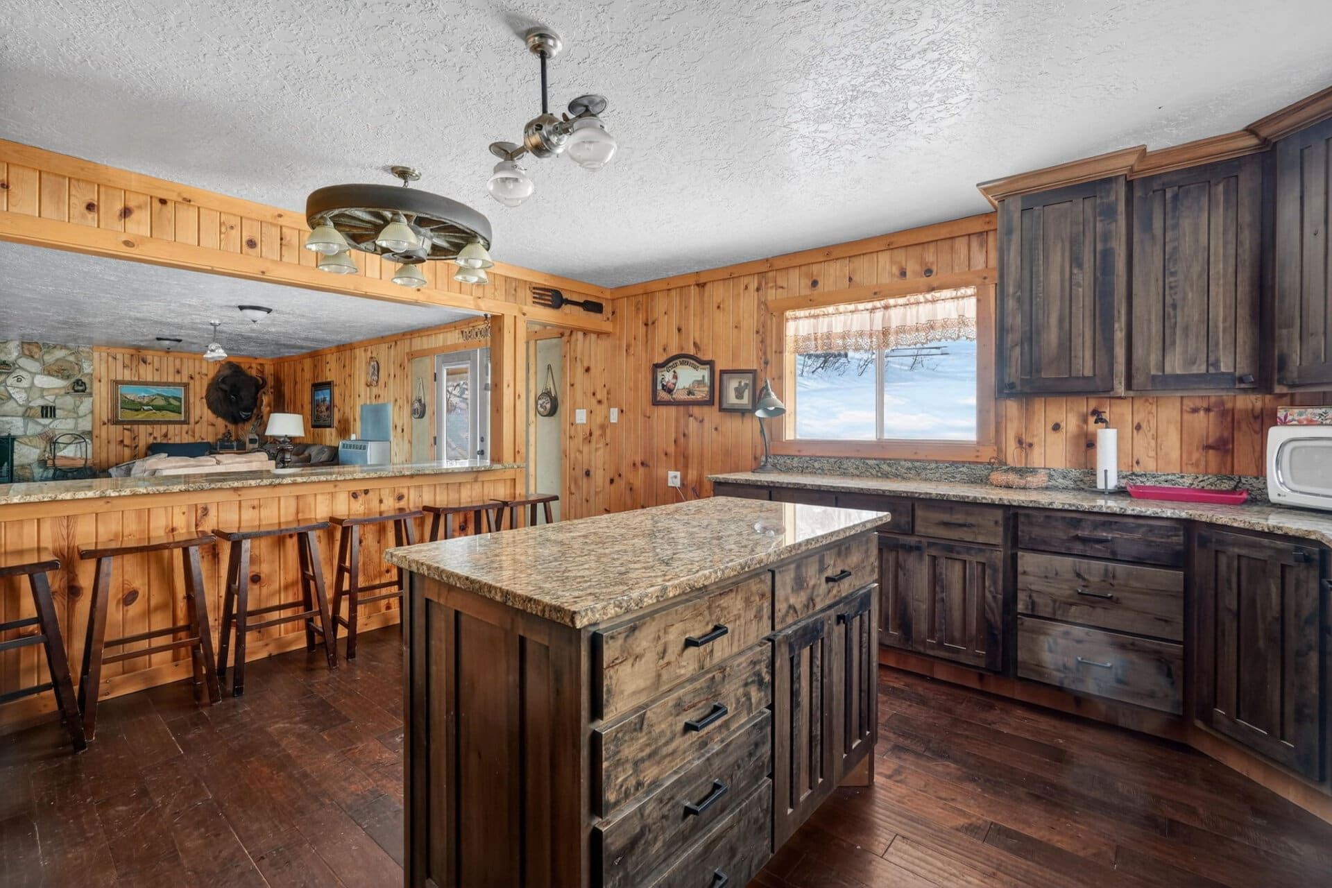 cabin kitchen with bar seating Idaho the davis lodge at loafer creek falls