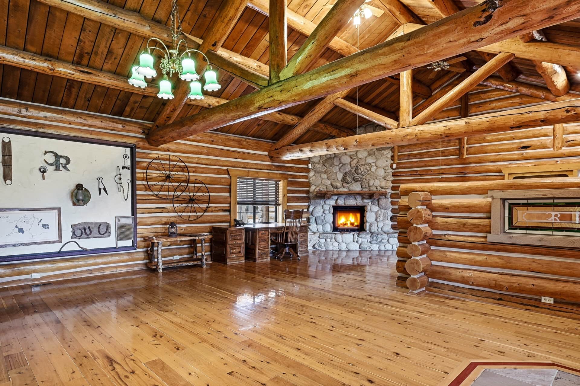 log home interior with stone fireplace utah casa del rio