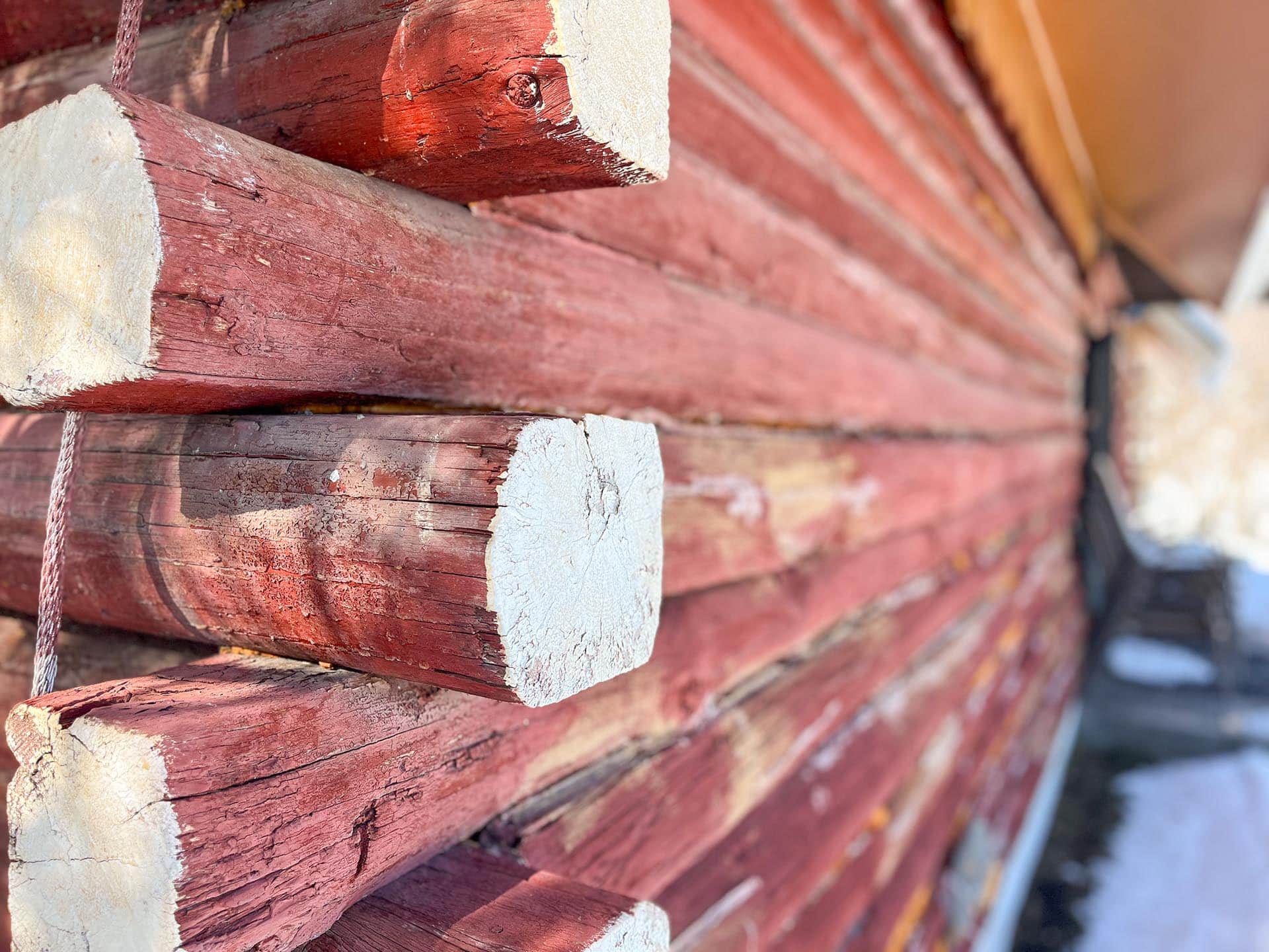 Stack of weathered red wooden logs with white-painted ends, stacked outdoors