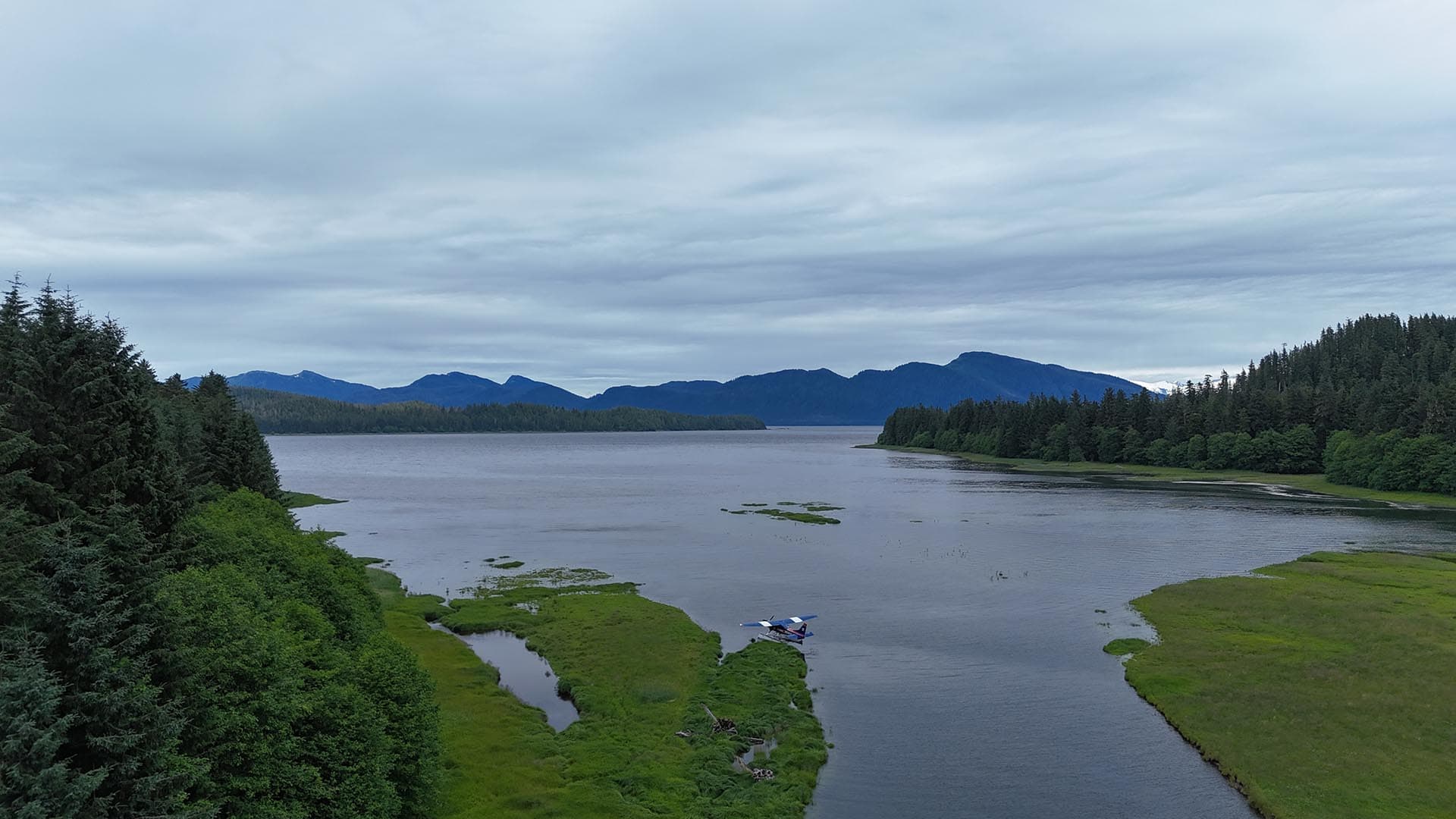 Calm river winding through green marshy banks with forested hills and distant blue mountains under a cloudy sky.