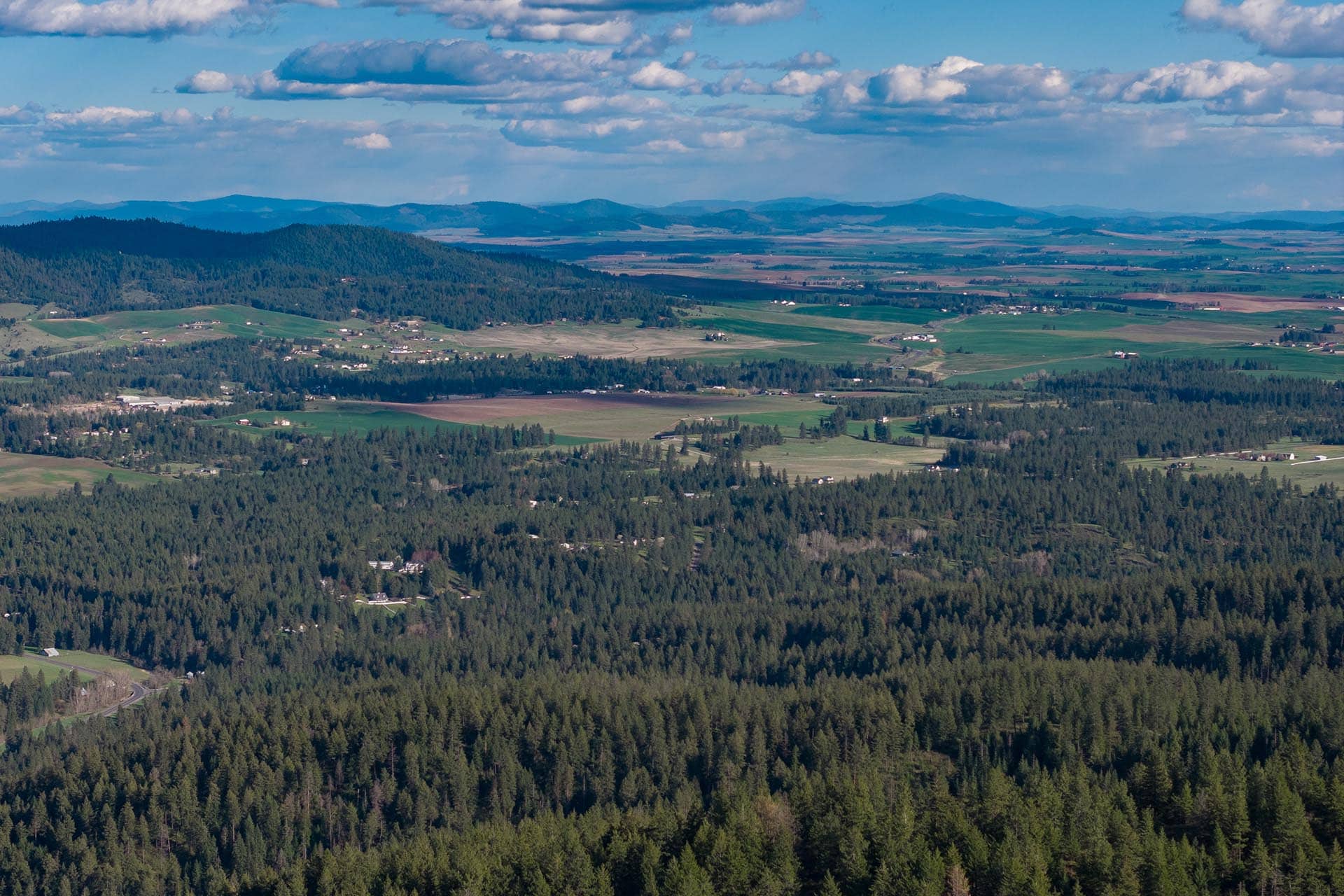 Rural valley with patchwork fields, scattered farms, and evergreen forests beneath a blue sky and clouds, hills in the distance.