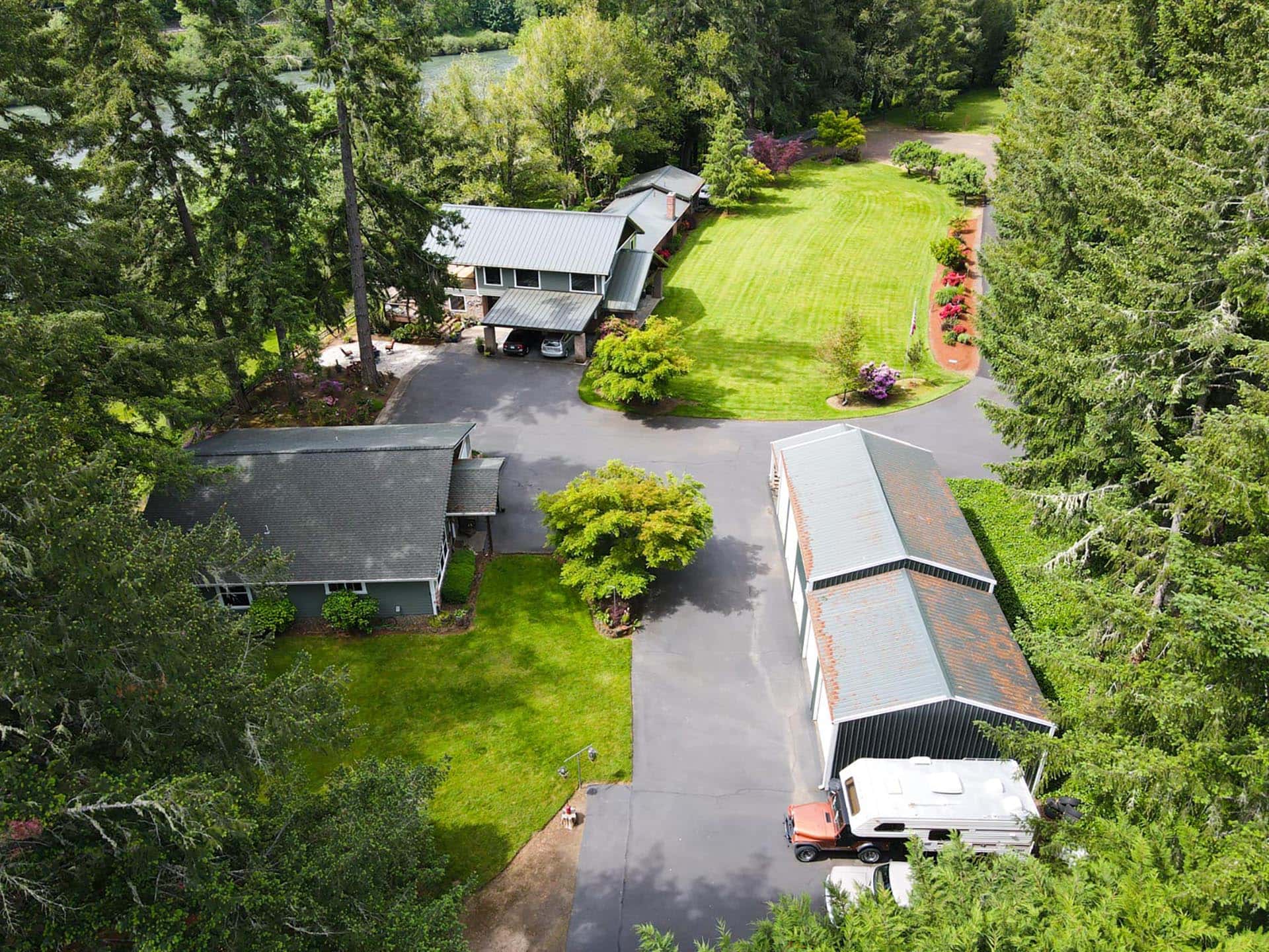 aerial view home shop and guest house oregon umpqua river retreat at cougar creek