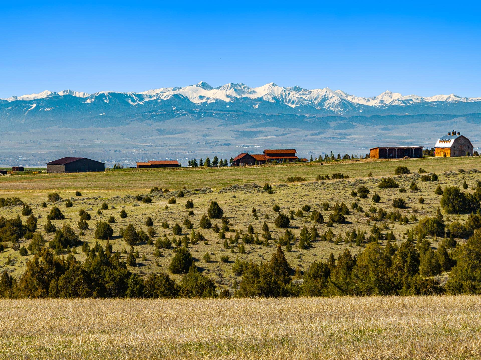 diverse terrain with farm structures and mountain backdrop montana golden meadow at sxs ranch