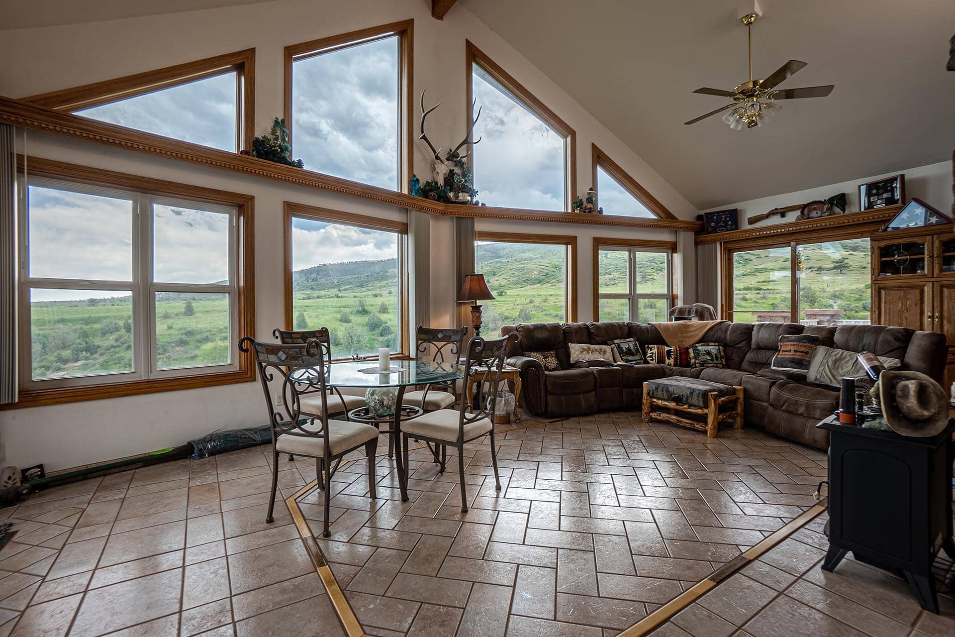 home interior with vaulted ceilings and large windows for sale colorado bar d ranch