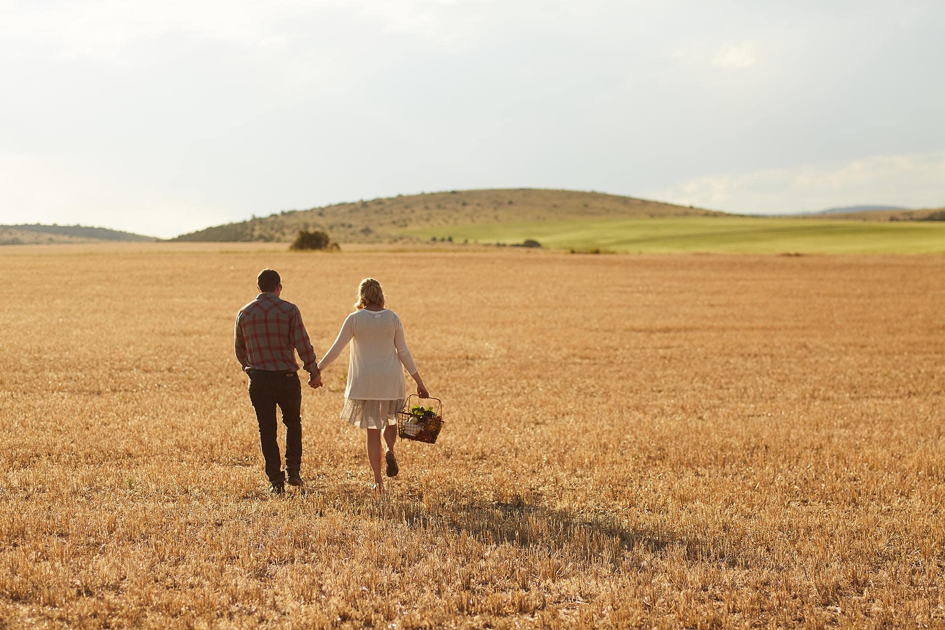 Couple walking hand in hand through a golden field toward distant hills; the woman carries a basket.