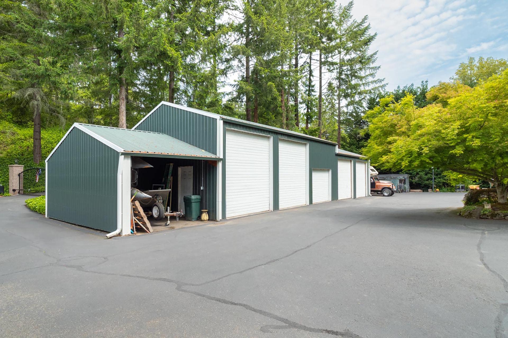 large shop building with multiple garage bays oregon umpqua river retreat at cougar creek