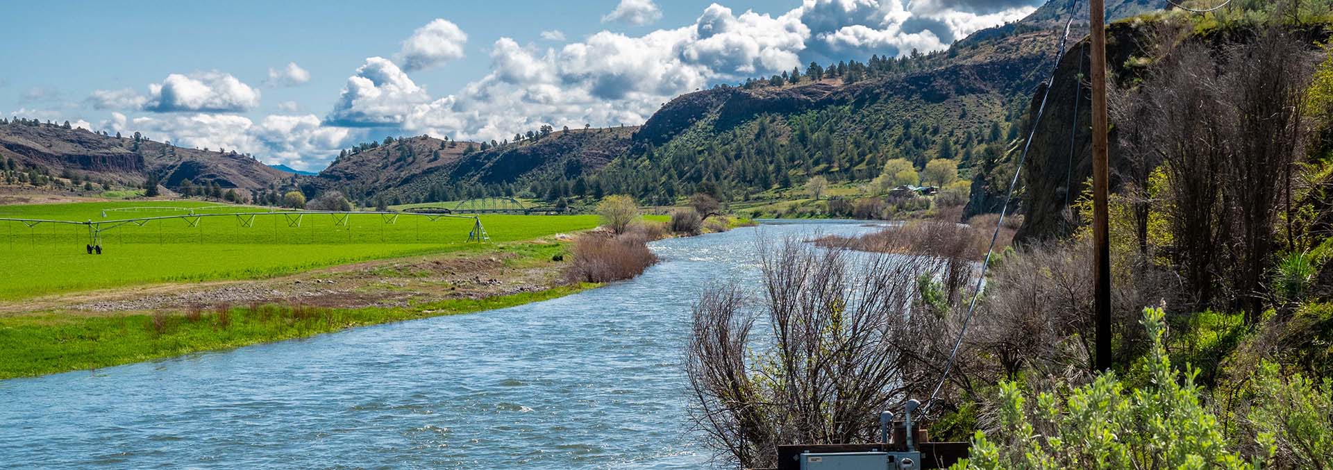 Green fields irrigated by a center-pivot system run alongside a winding river, with hills in the distance under a bright, partly cloudy sky.