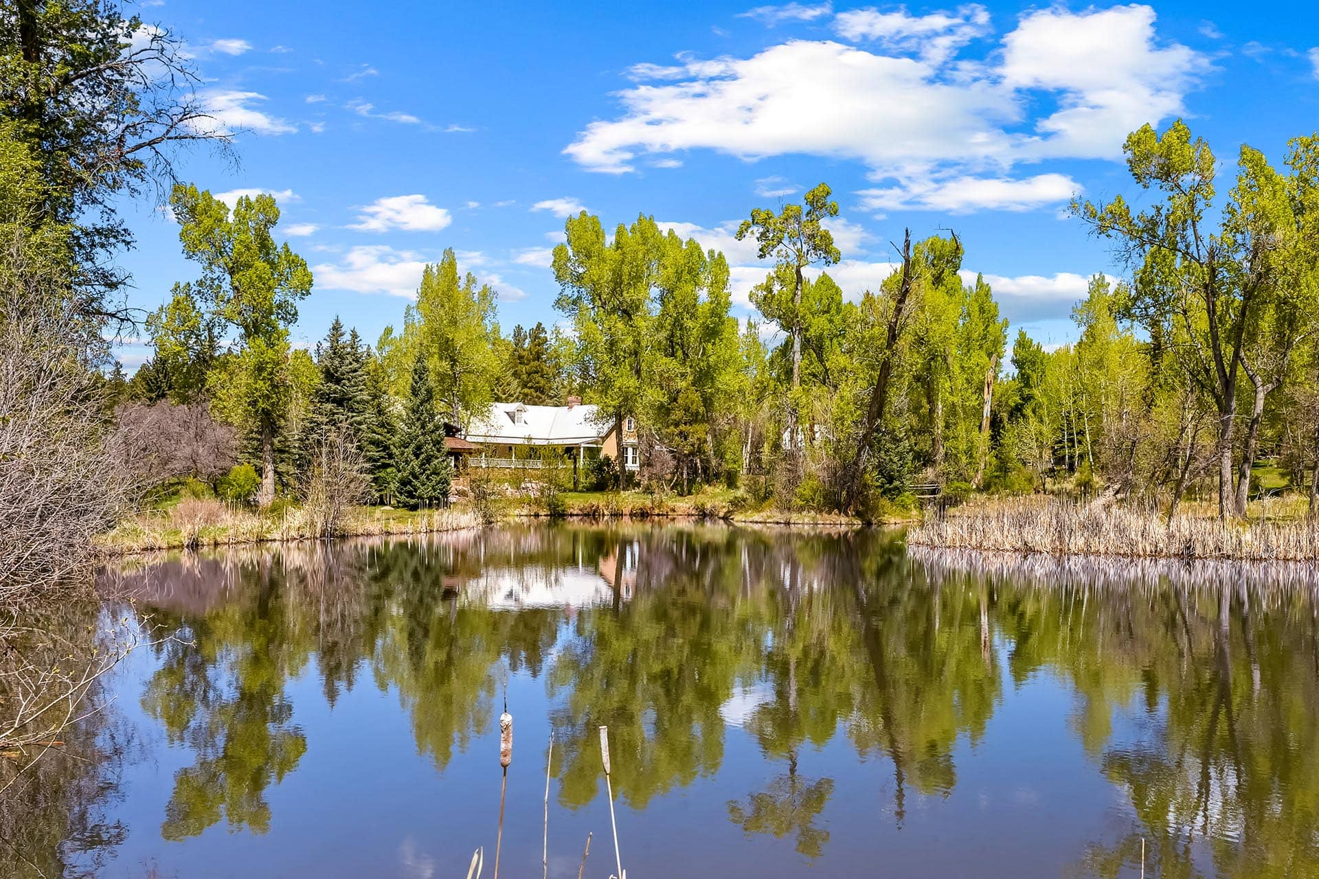 pond with house reflection and trees residential estate property for sale new mexico old canones creek ranch
