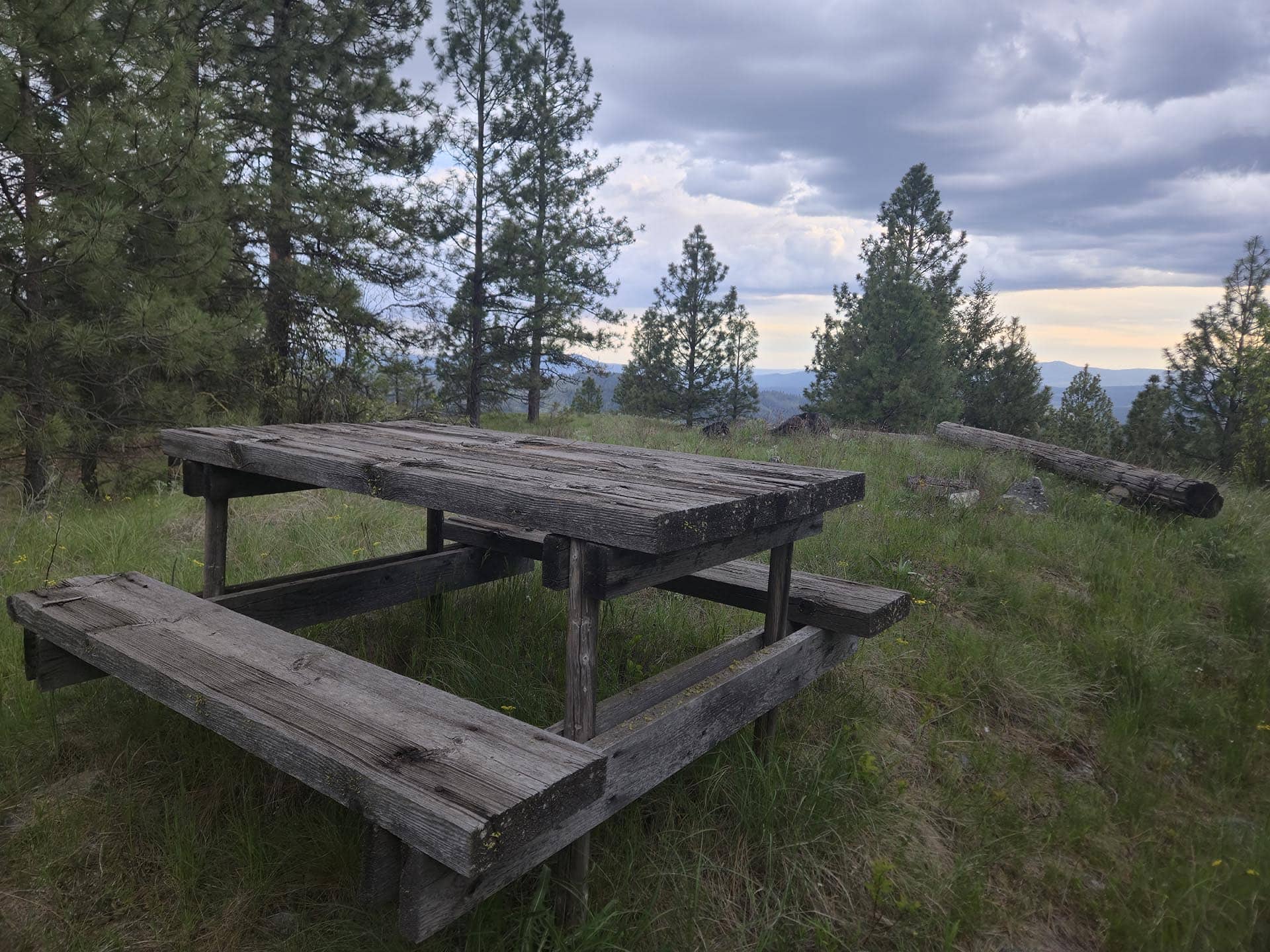 Weathered wooden picnic table in a grassy clearing, surrounded by pine trees with distant hills and a cloudy sky above.