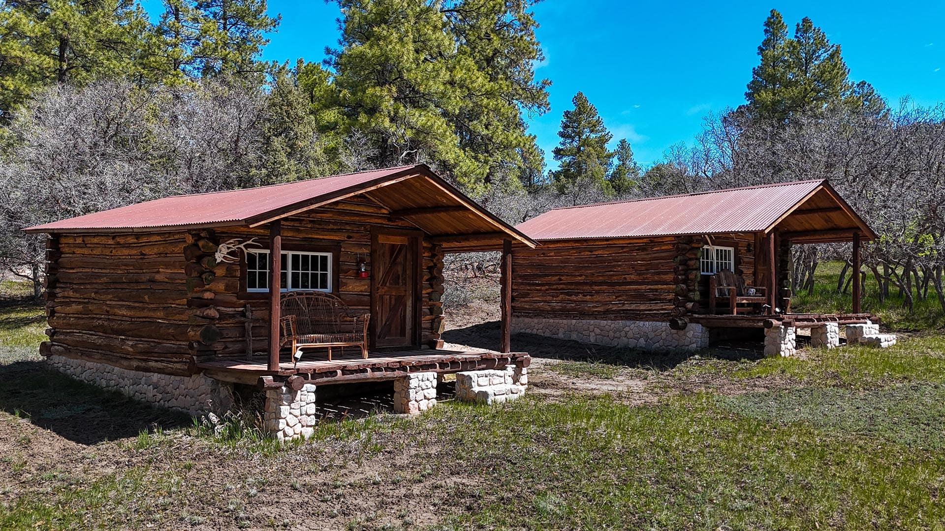 Two rustic log cabins with red metal roofs sit side by side on stone foundations in a clearing, surrounded by trees under a blue sky.