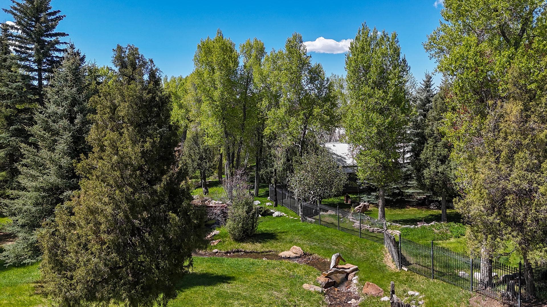 Tree-filled backyard with a metal fence, green lawn, and a small rocky stream under a clear blue sky.