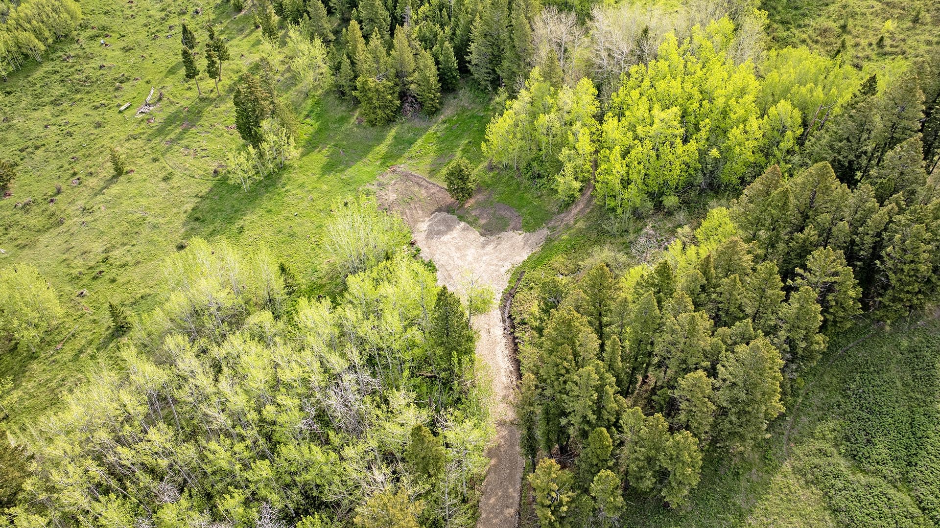 aerial view of forested land with road montana east bridger preserve