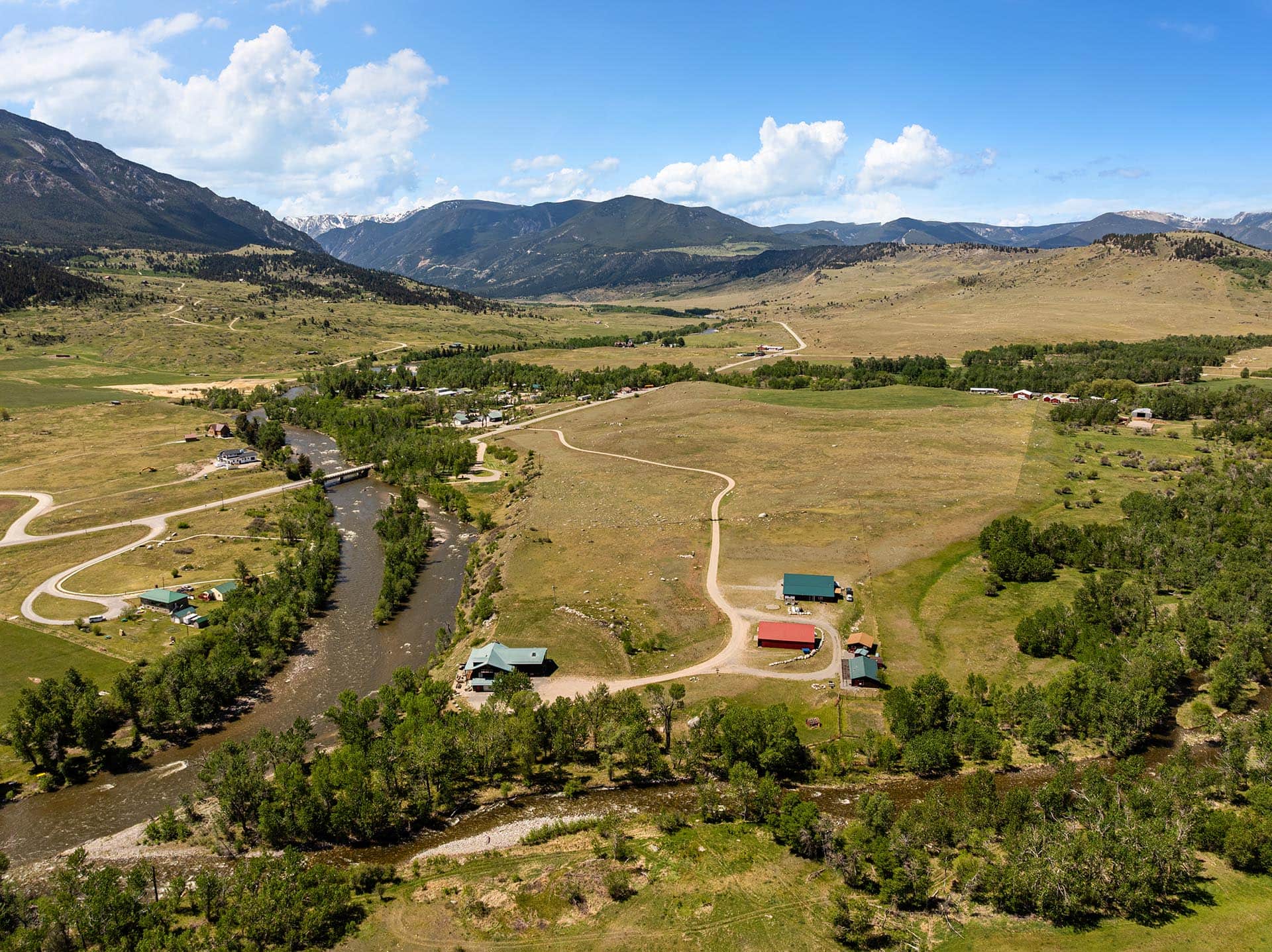 aerial view river frontage property for sale montana two rivers lodge