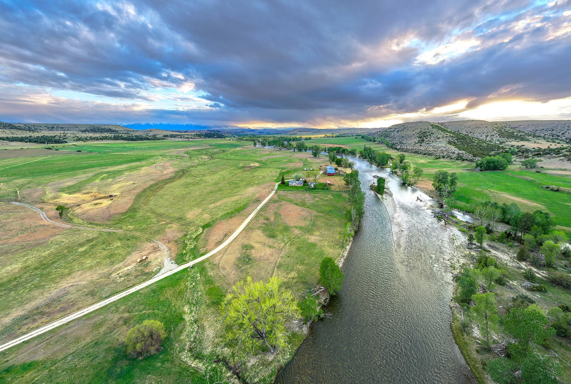 aerial view riverfront ranch structures land stillwater riffle ranch