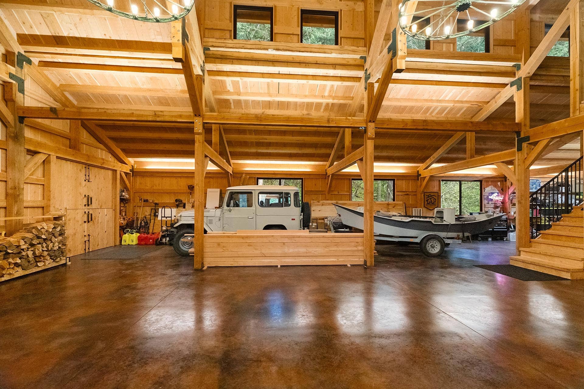 barn interior with vehicle and boat montana bozeman creekside hideaway