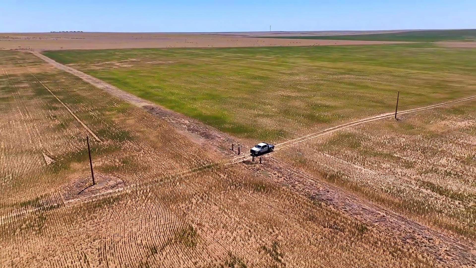 A white pickup on a dirt road crossing a dry, grassy plain under a blue sky; vast agricultural fields stretch to the horizon.