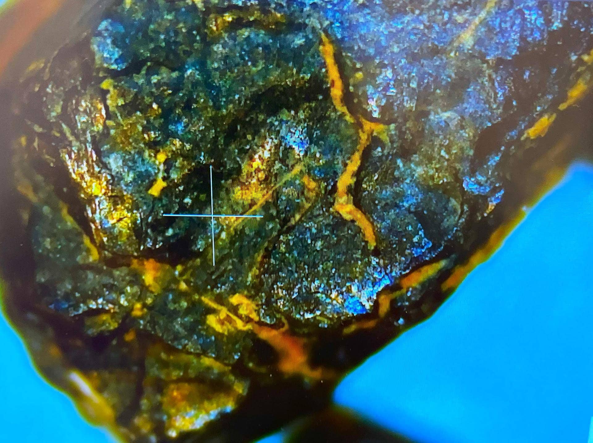 Macro shot of a rough mineral crust with iridescent blues and greens and yellow veins on a bright blue background, with a white measurement crosshair overlay.