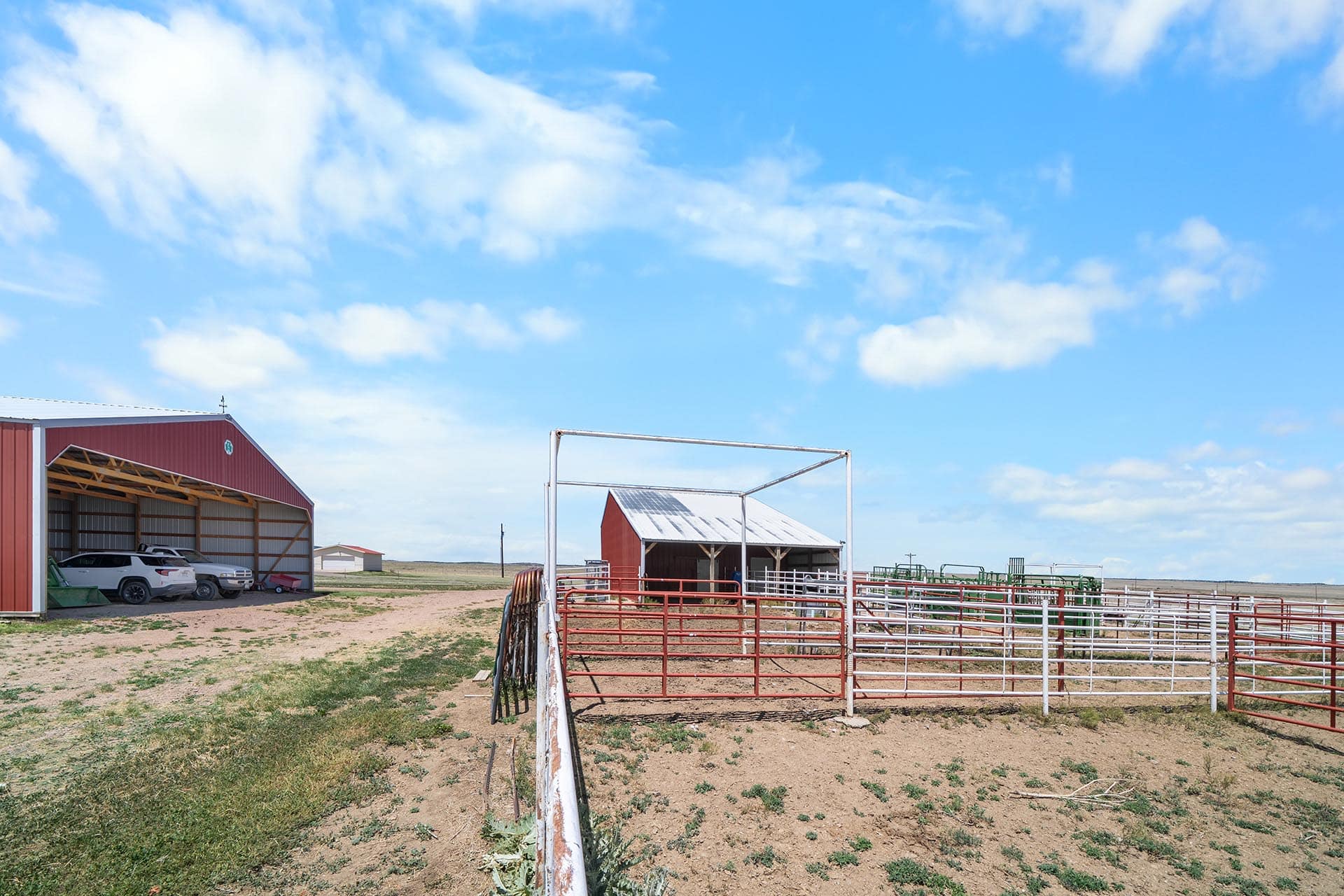 Wide rural farmyard with red barns, metal fencing and pens under a bright blue sky with scattered clouds.