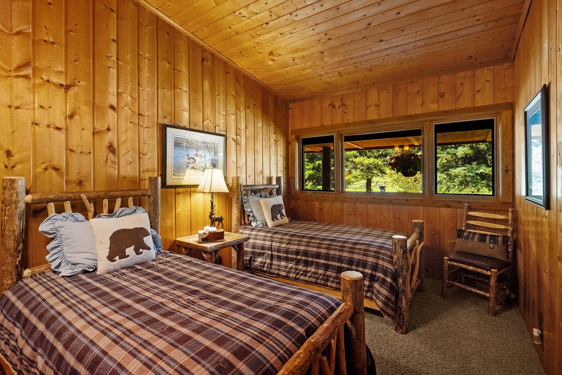 cozy twin bedroom with forest view montana gallatin riverfront retreat in big sky