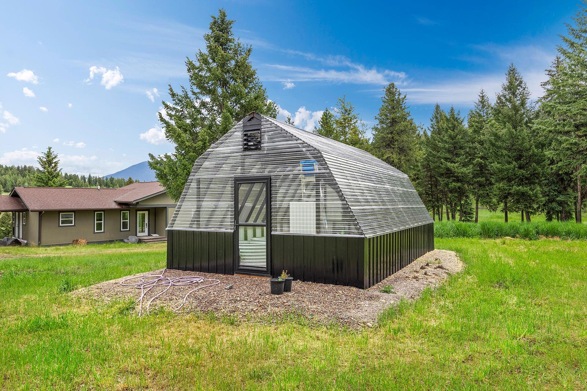 Dome-shaped greenhouse with corrugated translucent panels in a grassy yard, a house behind it and evergreen trees in the background under a blue sky.