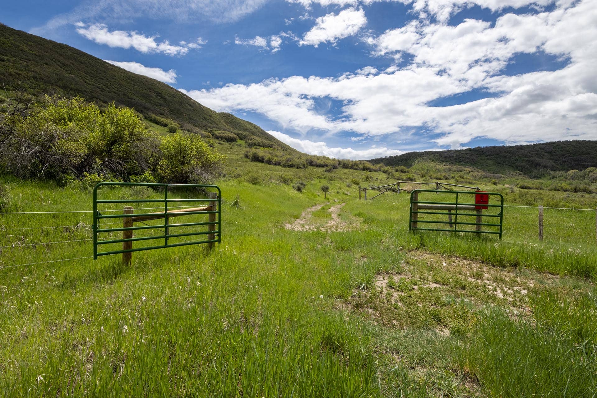 Green metal gate across a dirt path in a grassy field with hills and a blue sky with clouds behind it.