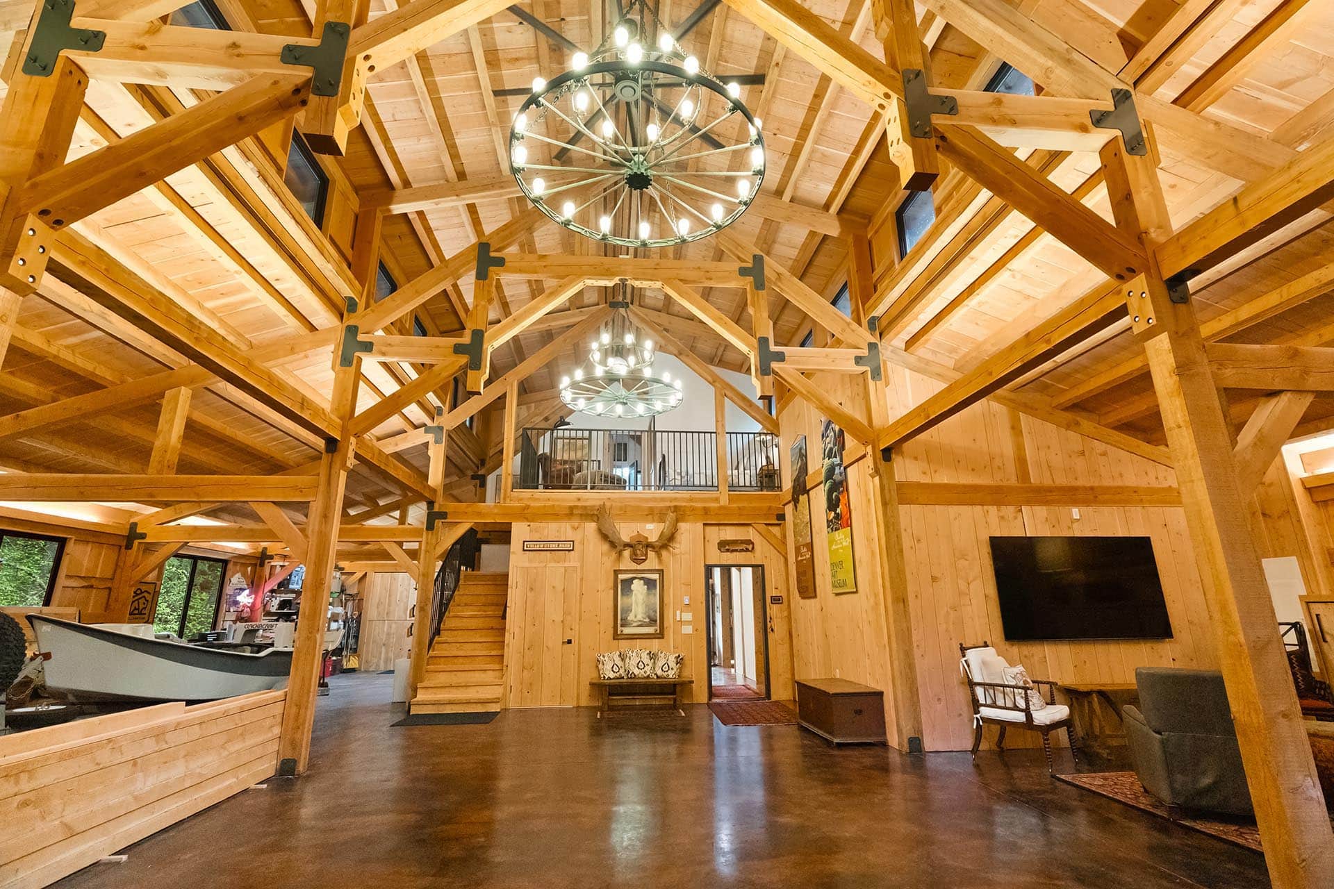 large timber frame interior property for sale montana bozeman creekside hideaway