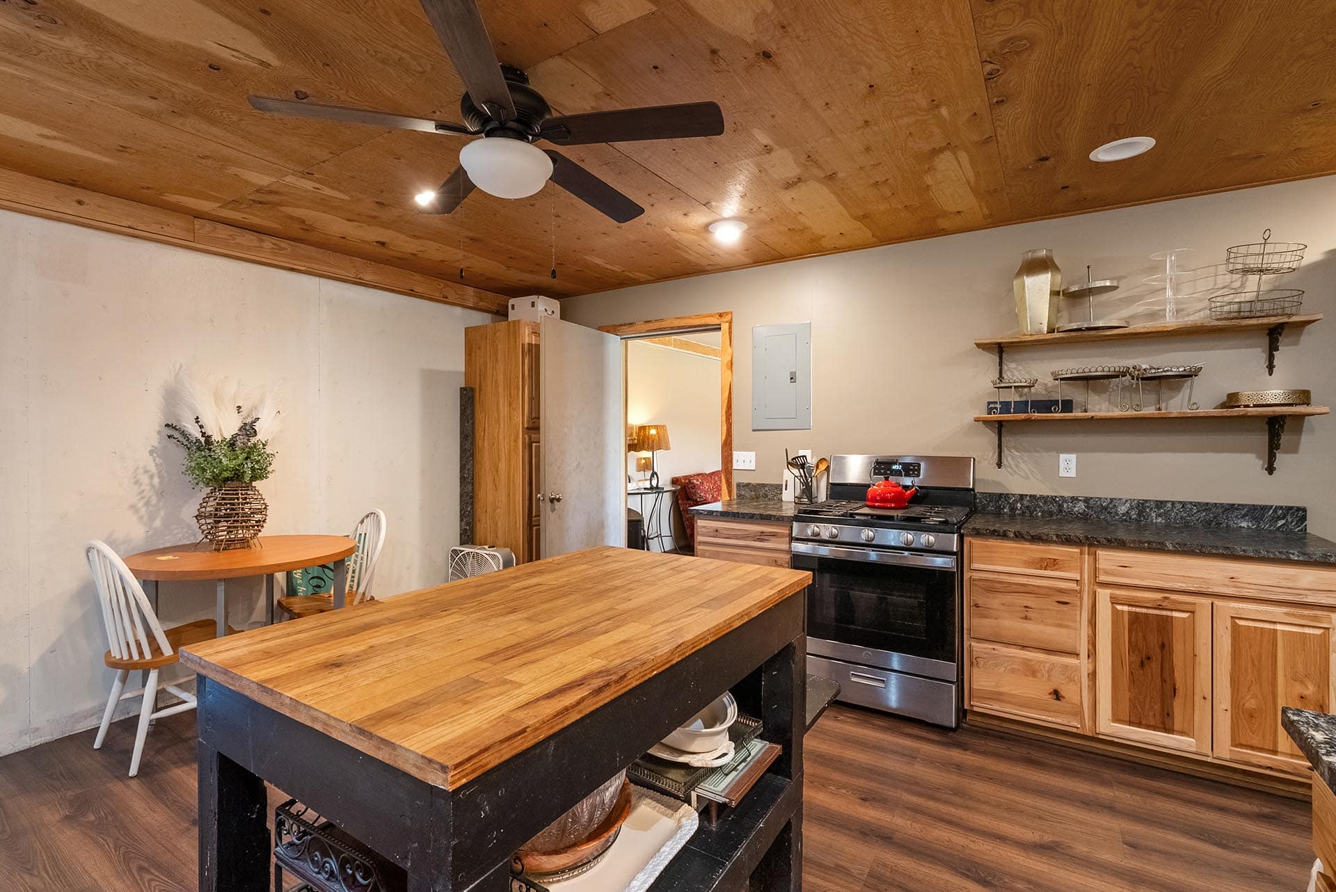 lodge kitchen with island and dining area montana two rivers lodge