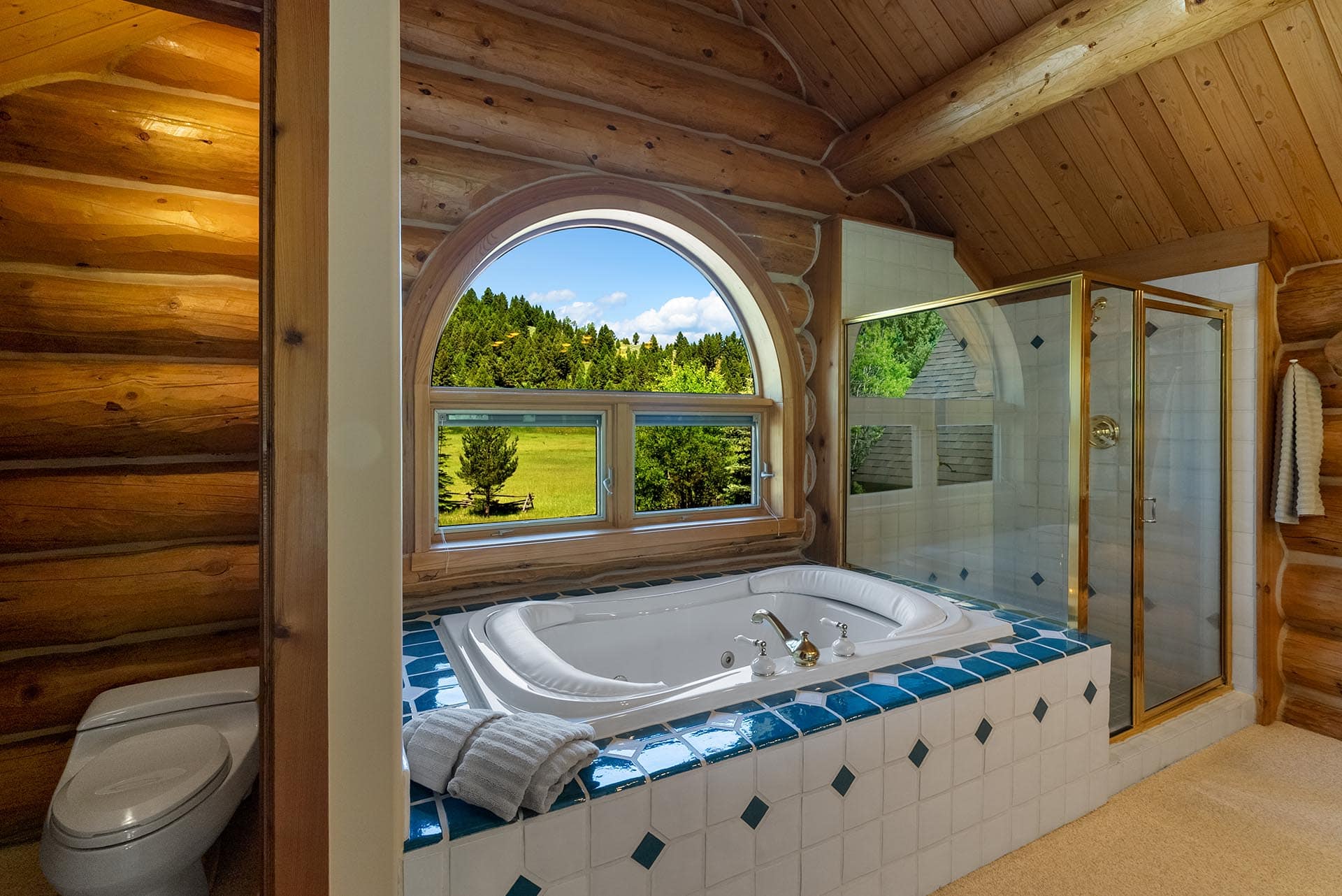 log home bathroom for sale with view montana gallatin riverfront retreat in big sky