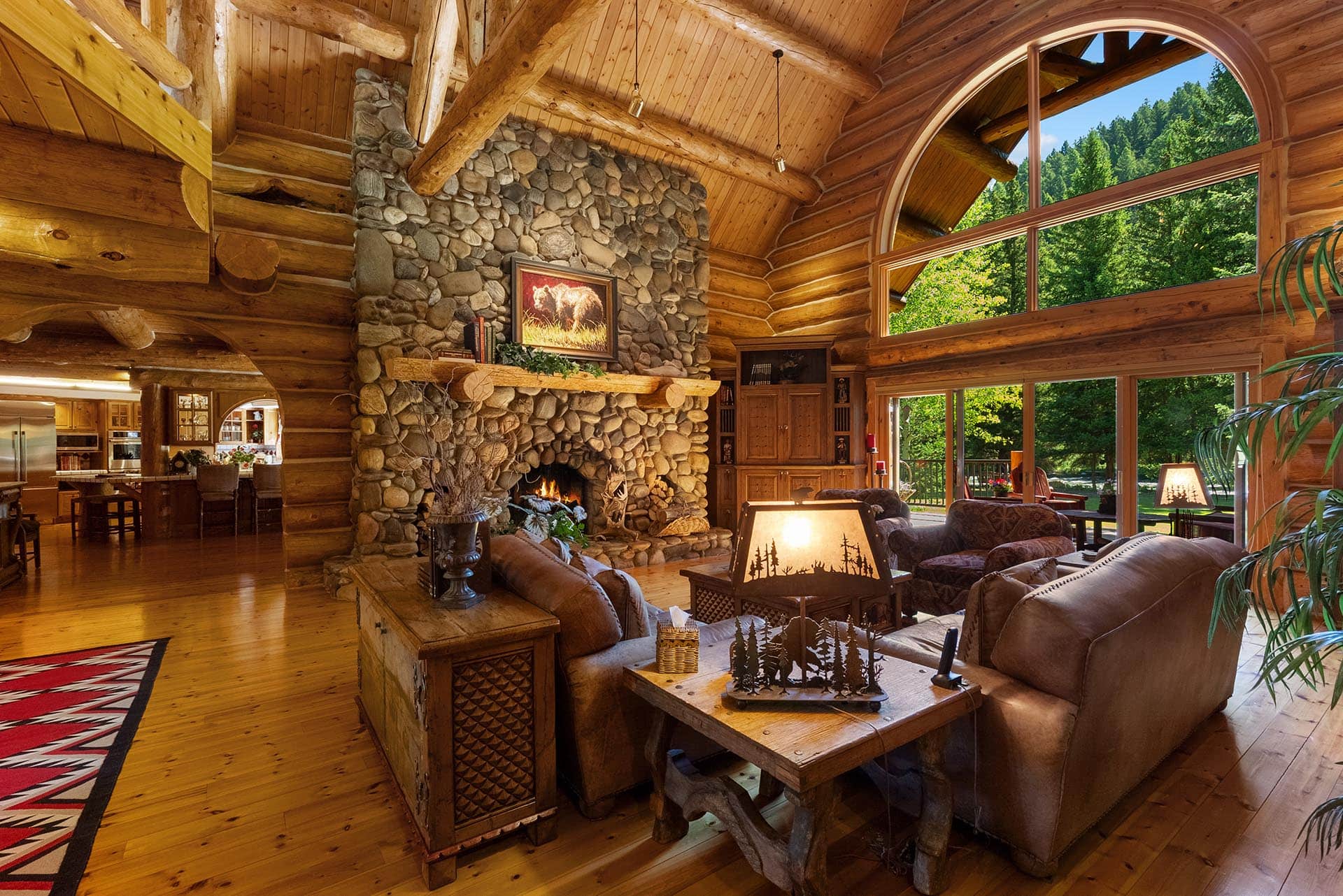 log home great room with fireplace montana gallatin riverfront retreat in big sky